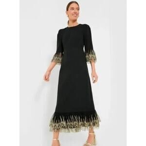 Tuckernuck Black Midi Dress with Gold Lace Trim